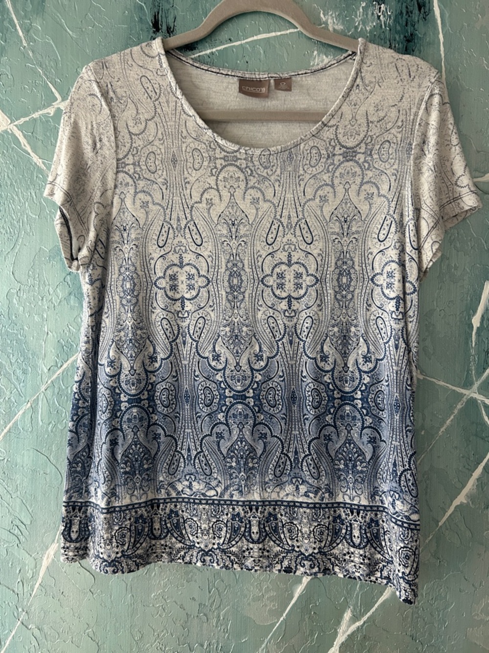 Chico's Blue and White Paisley Ombre Scoop-Neck Short Sleeve Top